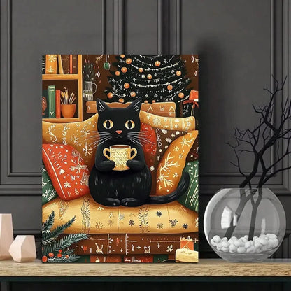 Black Cat Sitting On a Sofa With a Cup Painting  40x60cm Metal Print Ready to Hang