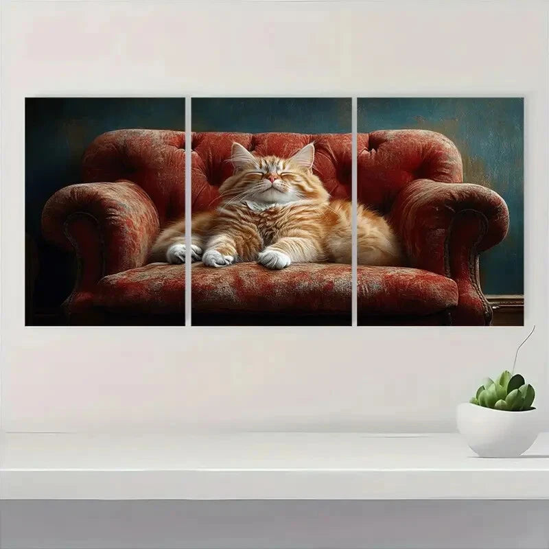 3pcs Playful Orange & White Cat on Plush Metal Print Ready to Hang Art