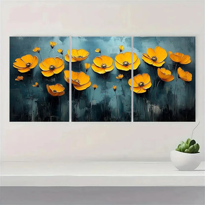 3pcs Yellow Poppies on Gray Modern Abstract Metal Print Ready to Hang Art