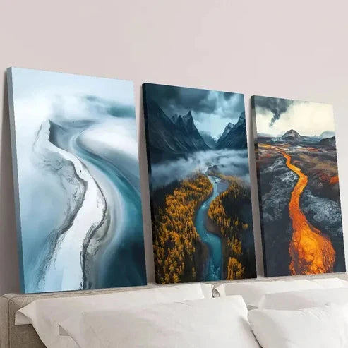 3pcs Glacier River Volcanic Lava Landscape Wall Art Canvas Unframed - High Quality Print 100% Australian Made Wall Canvas