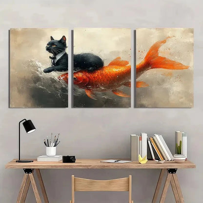 3pcs Whimsical Tuxedo Cat Riding Goldfish Metal Print Ready to Hang Art