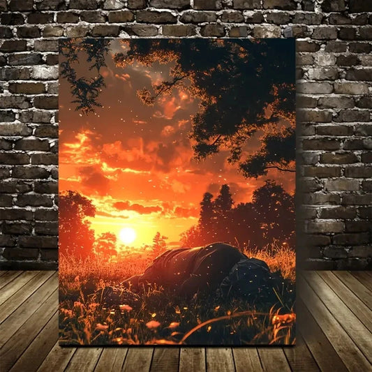 Vibrant Sunset Scene with Elephant Rolling Painting 40x60cm Metal Print Ready to Hang