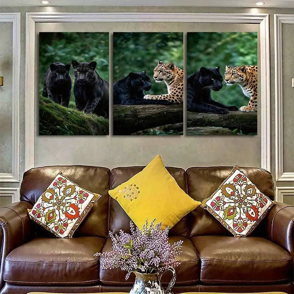 3pcs Black Leopard Jaguar and Cheetah in Forest Metal Print Ready to Hang Art