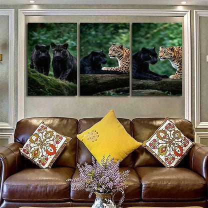 3pcs Black Leopard Jaguar and Cheetah in Forest Metal Print Ready to Hang Art
