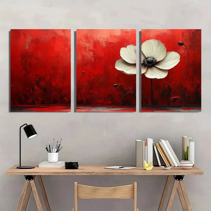 3pcs Modern Abstract Red & White Flower Metal Print Ready to Hang Art
