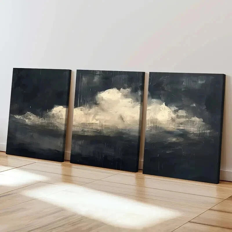 3pcs Abstract Dark Sky & White Clouds Wall Art Set Canvas Framed 40x60cm - High Quality Print 100% Australian Made Wall Canvas Ready to Hang