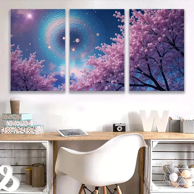 3pcs Cherry Blossom Trees Under Night Sky I Wall Art Set Canvas Framed 50x70cm - High Quality Print 100% Australian Made Wall Canvas Ready to Hang