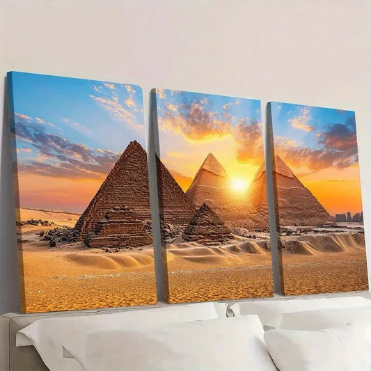 3pcs Pyramids of Giza Sunset Panoramic Wall Art Set Canvas Framed 60x90cm - High Quality Print 100% Australian Made Wall Canvas Ready to Hang