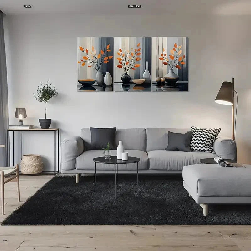 3pcs Modern Abstract Orange Leaf Vase Metal Print Ready to Hang Art