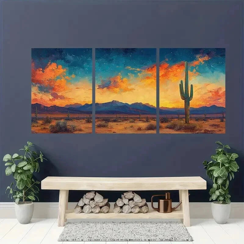 3pcs Painting of Saguaro Cactus Colorful Desert Wall Art Set Canvas Framed 40x60cm - High Quality Print 100% Australian Made Wall Canvas Ready to Hang