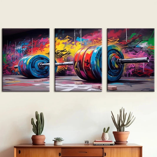 3pcs Gym Graffiti Art Weight Lifting Barbell Metal Print Ready to Hang Art