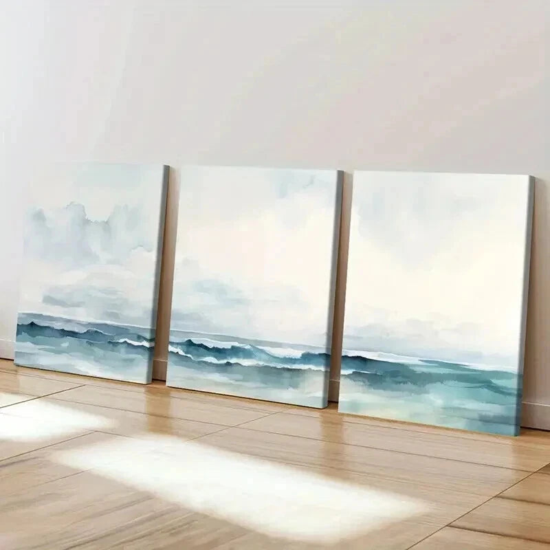 3pcs Tranquil Ocean Waves with Misty Sky Wall Art Set Canvas Framed 40x60cm - High Quality Print 100% Australian Made Wall Canvas Ready to Hang