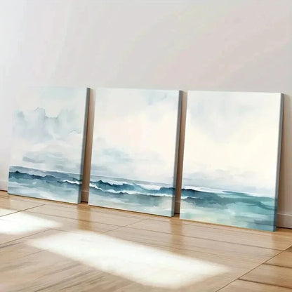3pcs Tranquil Ocean Waves with Misty Sky Wall Art Set Canvas Framed 40x60cm - High Quality Print 100% Australian Made Wall Canvas Ready to Hang