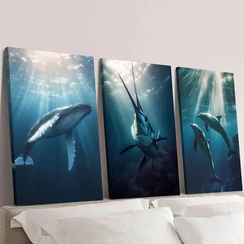 3pcs Diving Whale Swordfish & Dolphins Wall Art Set Canvas Unframed - High Quality Print 100% Australian Made Wall Canvas