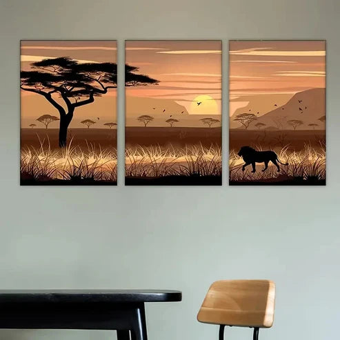 3pcs sunset with lion in the forest Wall Art Set Canvas Unframed - High Quality Print 100% Australian Made Wall Canvas - Bella Home Decor