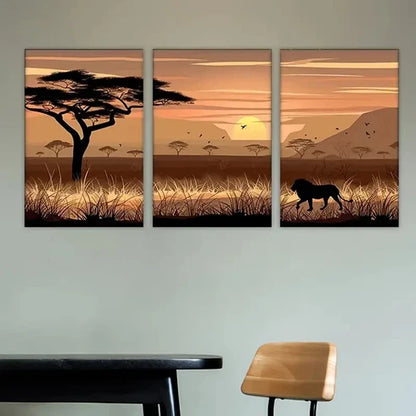 3pcs sunset with lion in the forest Wall Art Set Canvas Unframed - High Quality Print 100% Australian Made Wall Canvas - Bella Home Decor