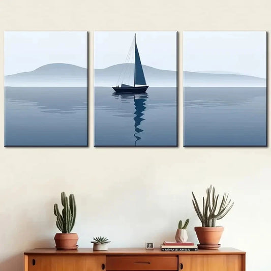 3pcs Lake Mountain Yacht Sailing Scenery Metal Print Ready to Hang Art