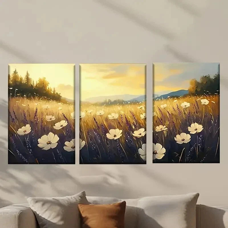 3pcs Sunset Meadow with Wildflowers Wall Art Set Canvas Framed 40x60cm - High Quality Print 100% Australian Made Wall Canvas Ready to Hang