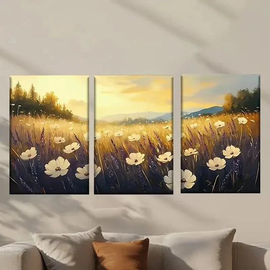 3pcs Sunset Meadow with Wildflowers Wall Art Set Canvas Framed 40x60cm - High Quality Print 100% Australian Made Wall Canvas Ready to Hang