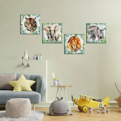4pcs Tiger, Lion, Elephant & Zebra  Wall Art Canvas Framed