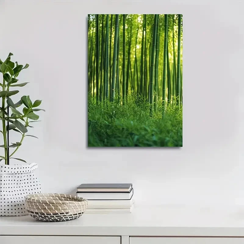 Serene Green Bamboo Forest Scene Painting 40x60cm Metal Print Ready to Hang