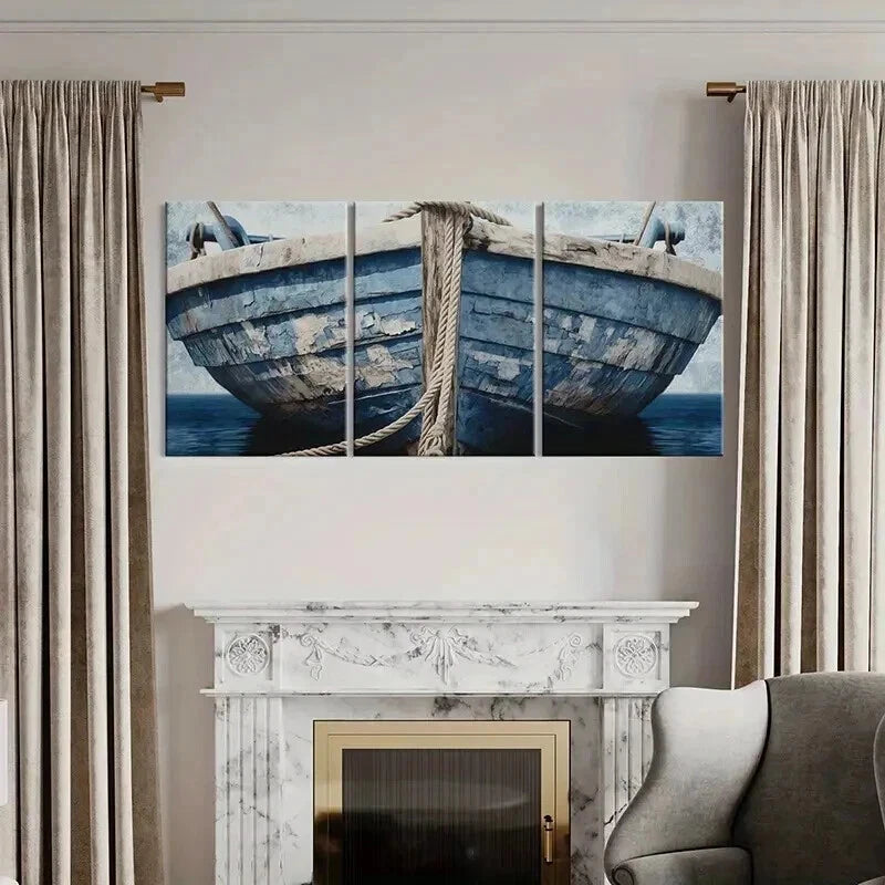 3pcs Blue Wooden Boat & Rope Design Wall Art Set Canvas Framed 40x60cm - High Quality Print 100% Australian Made Wall Canvas Ready to Hang