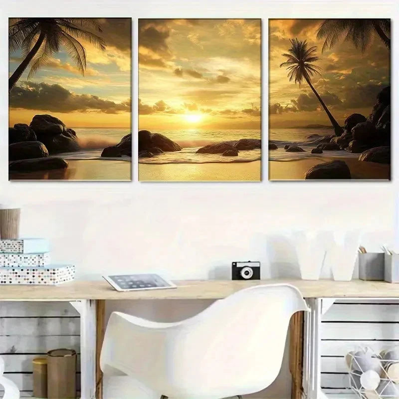 3pcs Tropical Vibrant Palm Trees & Ocean View Metal Print Ready to Hang Art
