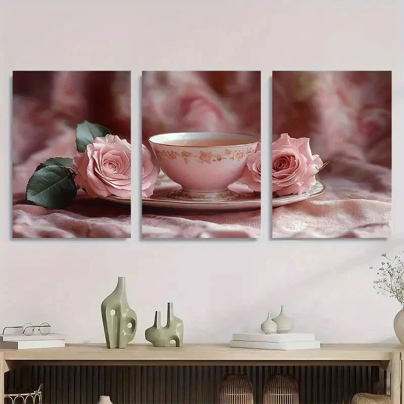 3pcs Beautiful Painting of Pink Roses an Elegant Metal Print Ready to Hang Art