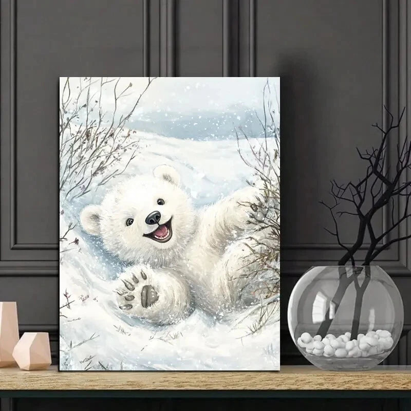 Cute Little Polar Bear Cub Rolling Around in The Snow 40x60cm Metal Print Ready to Hang