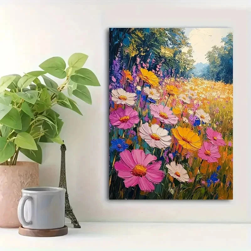 Beautiful Sun Floral Meadow Landscape Painting 40x60cm Metal Print Ready to Hang