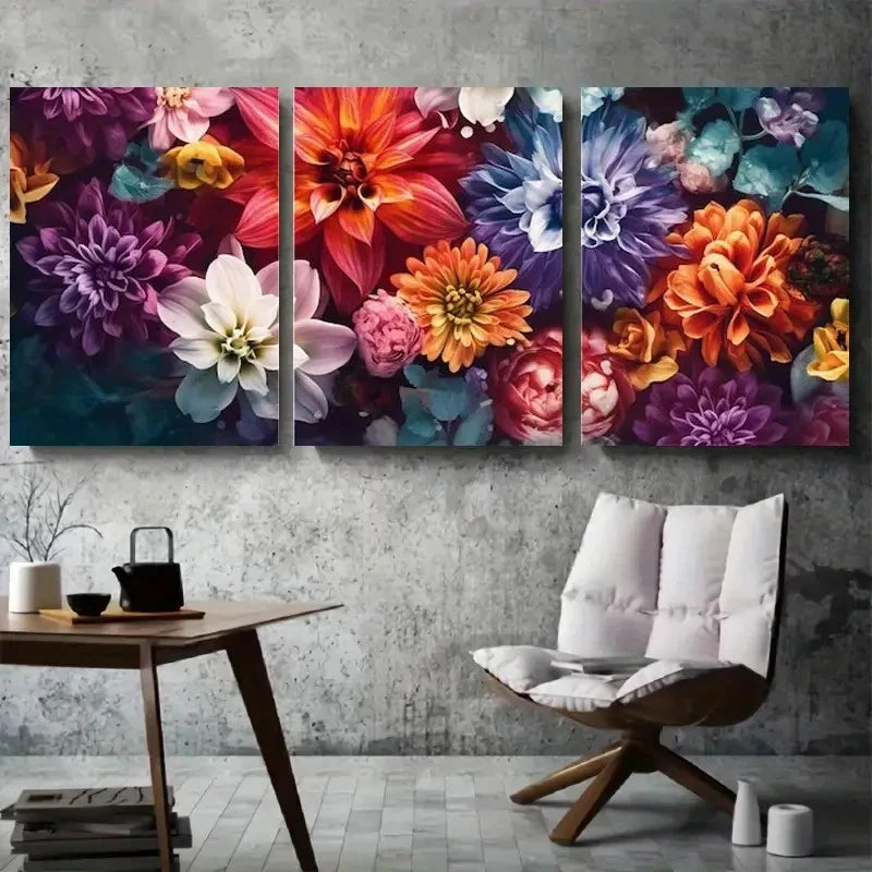 3pcs Abstract Colorful Dahlia Bouquet Metal Print Ready to Hang Art