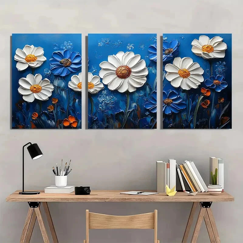 3pcs Vibrant Blue & White Daisy Modern Wildflower Metal Print Ready to Hang Art