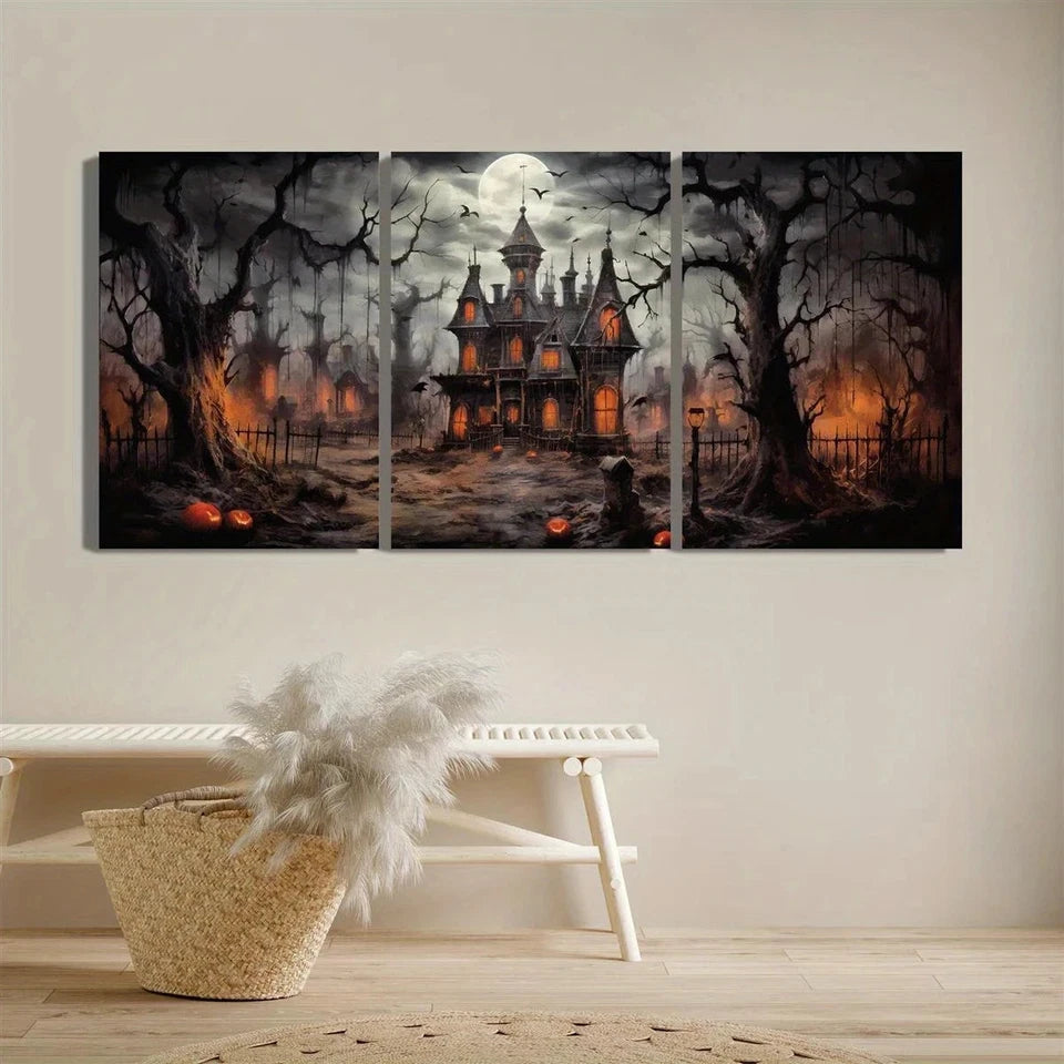 3pcs Spooky Castle & Pumpkin Halloween Themed Metal Print Ready to Hang Art