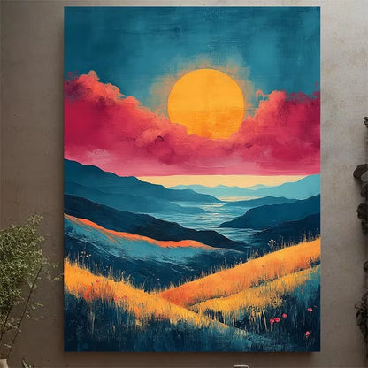 Serene Pink & Teal Landscape with Sunset Metal Print Ready to Hang 60x90cm Metal Print Ready to Hang