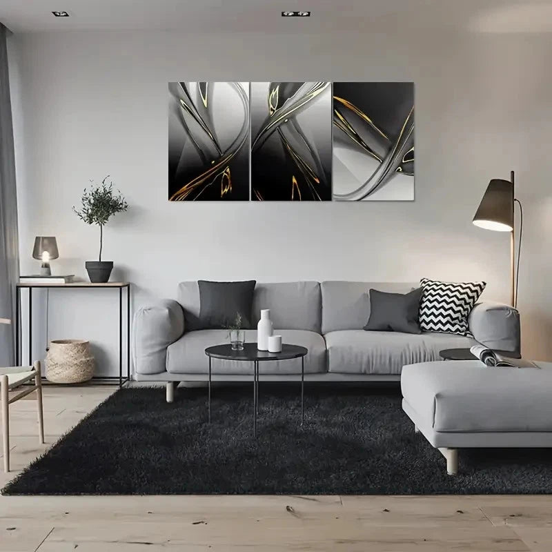 3pcs Black White and Golden Modern Painting Metal Print Ready to Hang Art