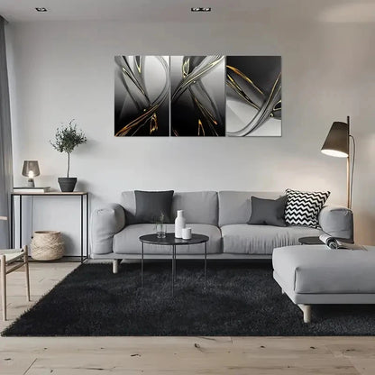 3pcs Black White and Golden Modern Painting Metal Print Ready to Hang Art