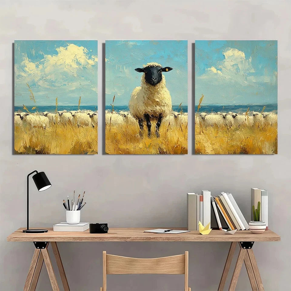 3pcs A Black Sheep Grassy Field Metal Print Ready to Hang Art