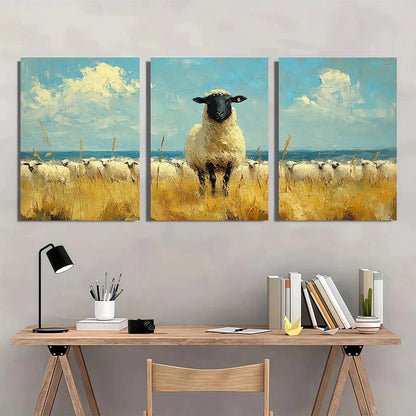 3pcs A Black Sheep Grassy Field Metal Print Ready to Hang Art