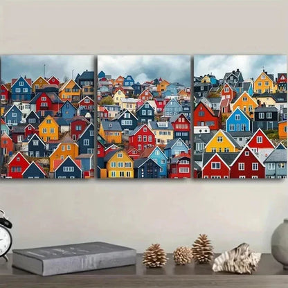 3pcs Colorful Houses Painting Decor Wall Art Set Canvas Unframed - High Quality Print 100% Australian Made Wall Canvas