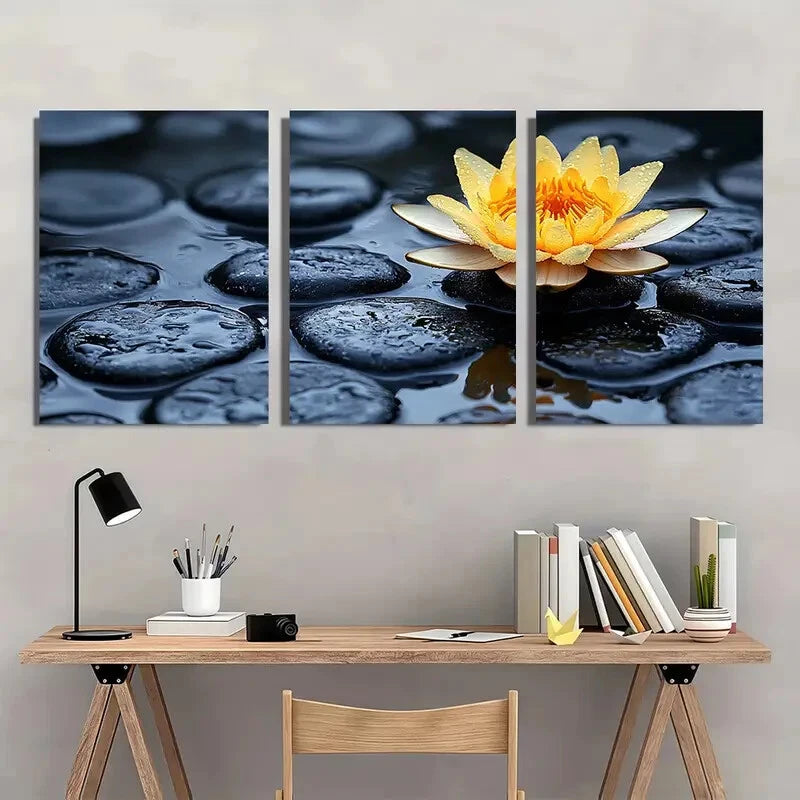 3pcs Lotus Flower and Black Stones Metal Print Ready to Hang Art