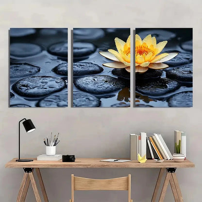 3pcs Lotus Flower and Black Stones Metal Print Ready to Hang Art