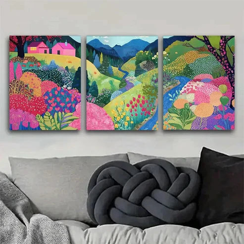 3pcs Colorful Countryside Flowers Hills Wall Art Set Canvas Unframed - High Quality Print 100% Australian Made Wall Canvas
