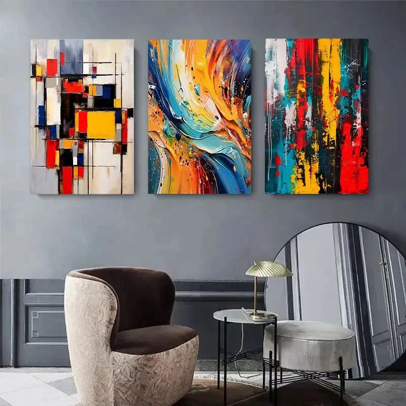 3pcs Vibrant Abstract Colorful Modern Paintings Metal Print Ready to Hang Art