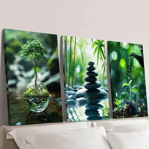 3pcs Tree Stacked Stones & Sapling Watering Wall Art Set Canvas Unframed - High Quality Print 100% Australian Made Wall Canvas