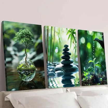 3pcs Tree Stacked Stones & Sapling Watering Wall Art Set Canvas Unframed - High Quality Print 100% Australian Made Wall Canvas