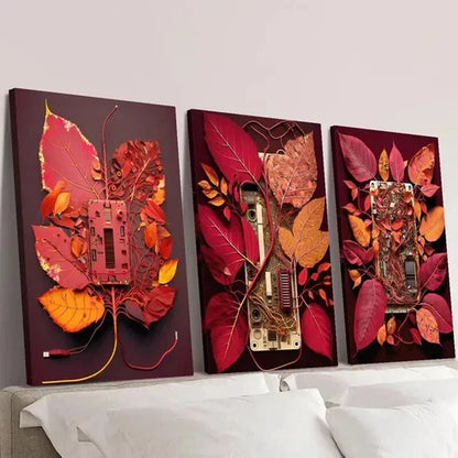 3pcs Red Circuit Board with Leaves Wall Art Canvas Unframed - High Quality Print 100% Australian Made Wall Canvas