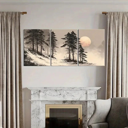 3pcs Moonlit Forest Scene Winter Landscape Wall Art Set Canvas Framed 60x90cm - High Quality Print 100% Australian Made Wall Canvas Ready to Hang