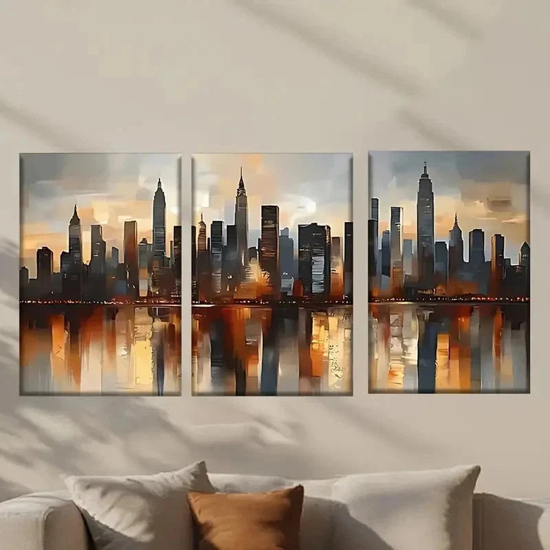 3pcs Painting of a City Skyline with Buildings Wall Art Set Canvas Framed 40x60cm - High Quality Print 100% Australian Made Wall Canvas Ready to Hang