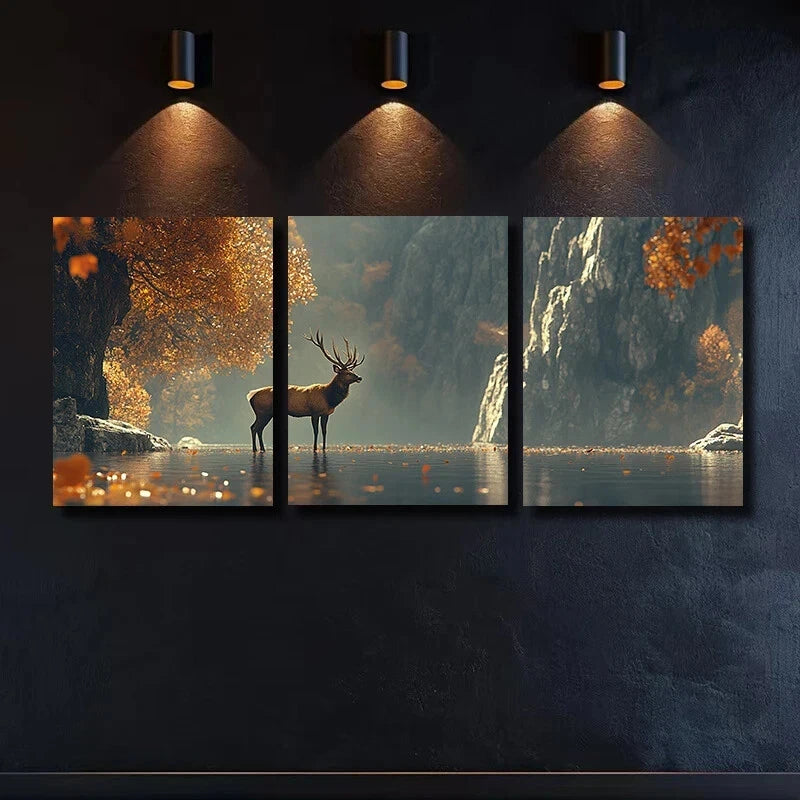 3pcs Deer Stands in The Water Metal Print Ready to Hang Art