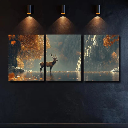 3pcs Deer Stands in The Water Metal Print Ready to Hang Art